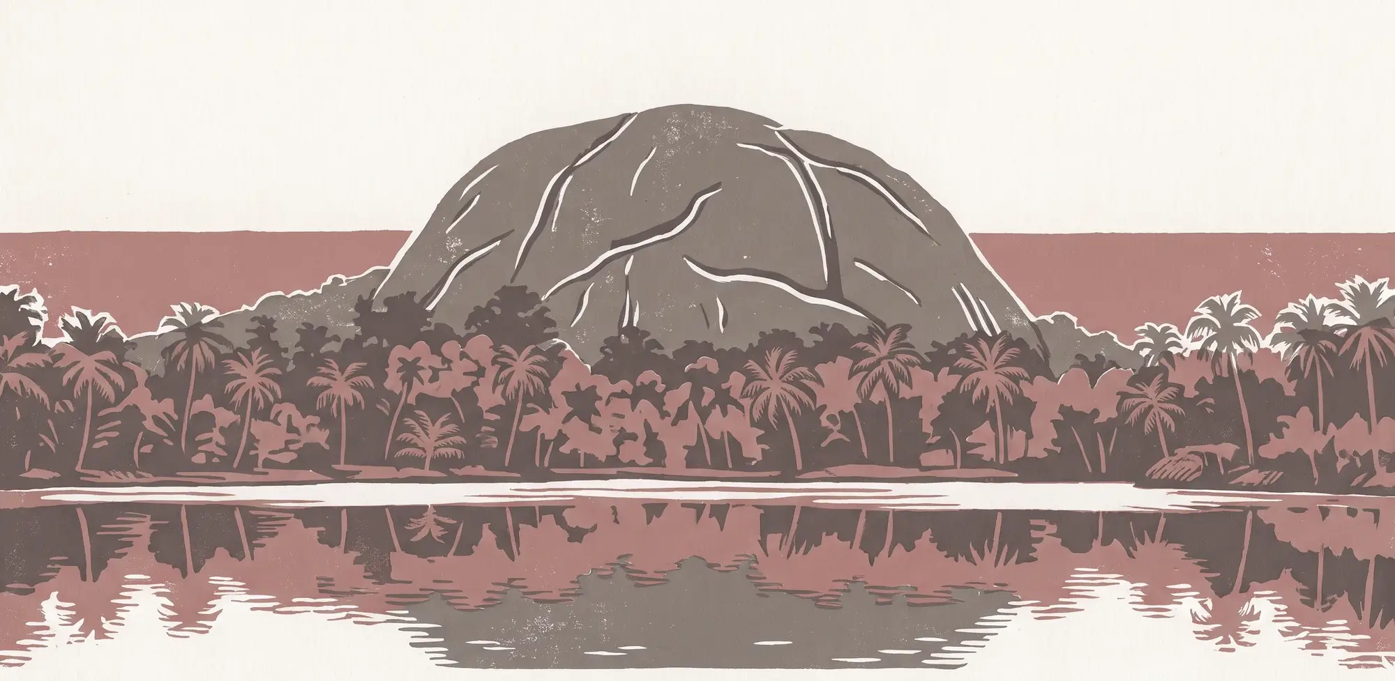 Linocut print of Etagala, the great rock above Kurunegala, with palms and its reflection in the lake